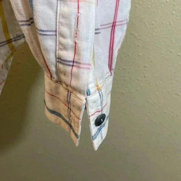 LizWear Sz M Off White Colorful Windowpane Plaid Button Shirt Top 100% Cotton - Picture 4 of 7